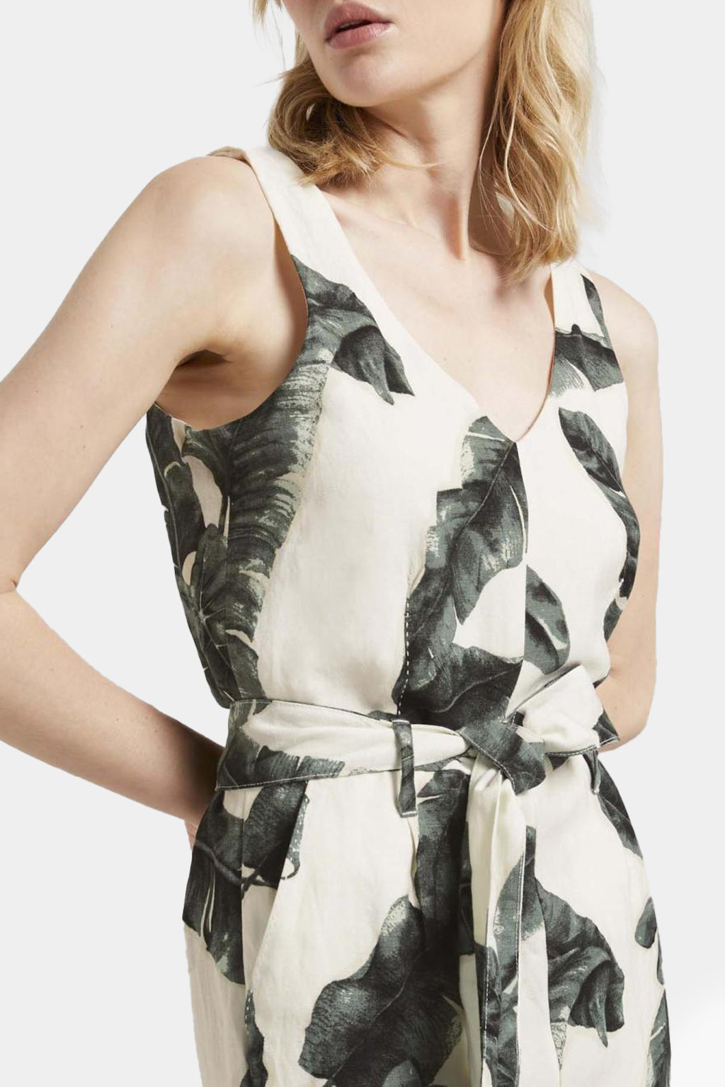 Tom Tailor - Sleeveless Printed Linen Jumpsuit Ecru Tropical Leaves Design